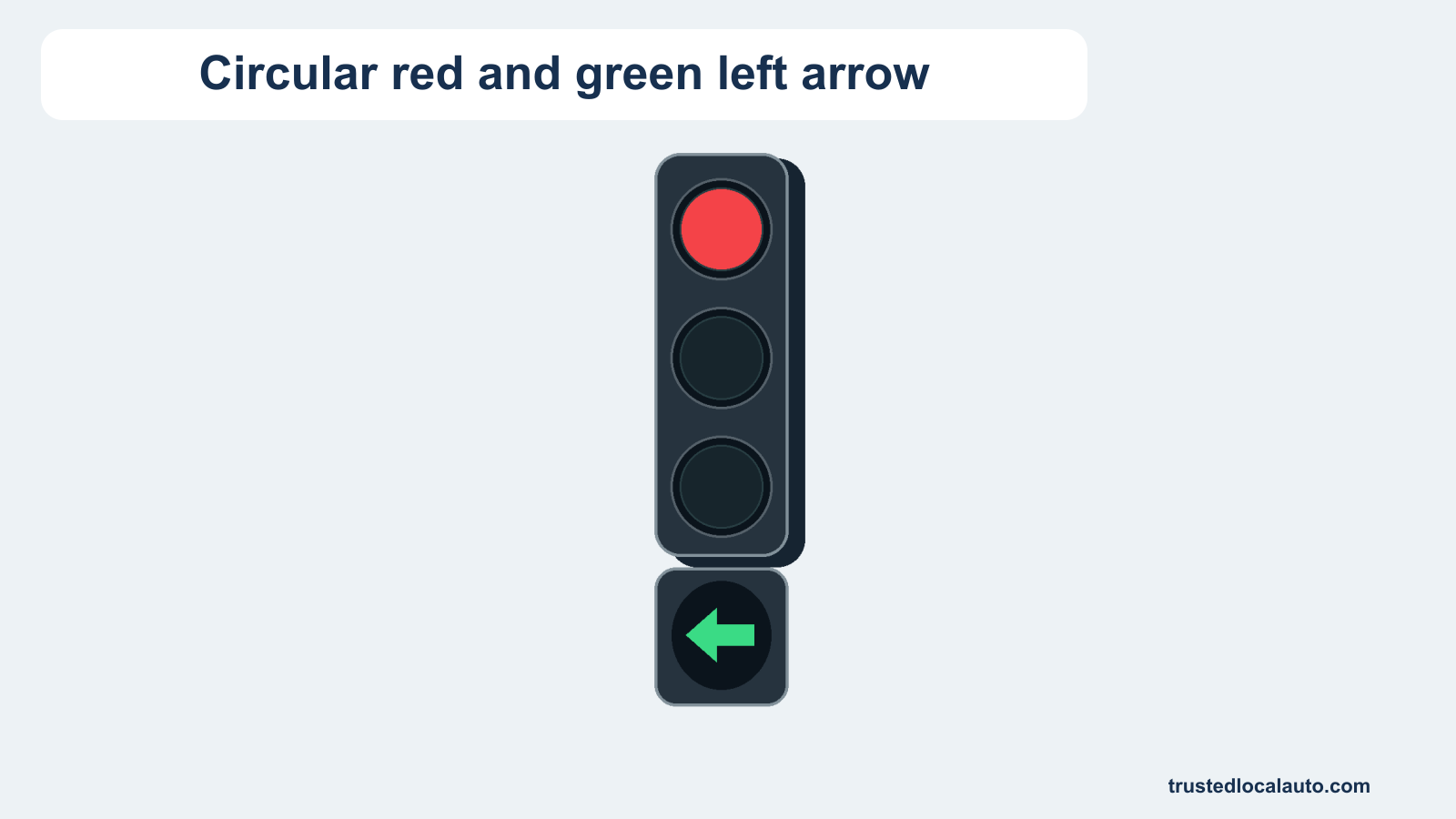 An enlarged signal shows a red circular lamp together with a green arrow pointing left; the other circular lamps are dark.