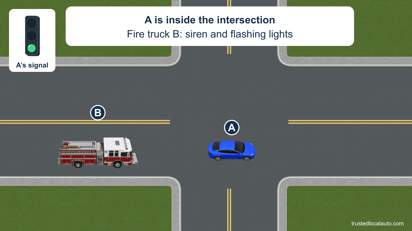 A is inside an intersection on a green light. Fire truck B approaches behind it; the card states that B has a siren and flashing lights.