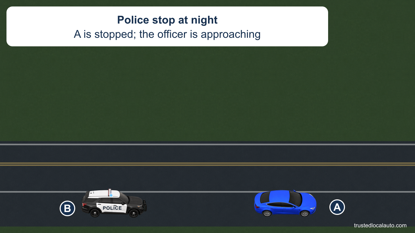 Blue A and a police vehicle are stopped on the shoulder at night. The police warning lights flash, and the officer is approaching.