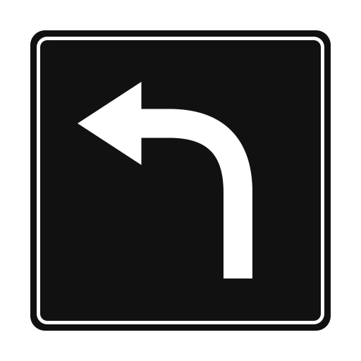 A black square sign containing a single white arrow bending left.