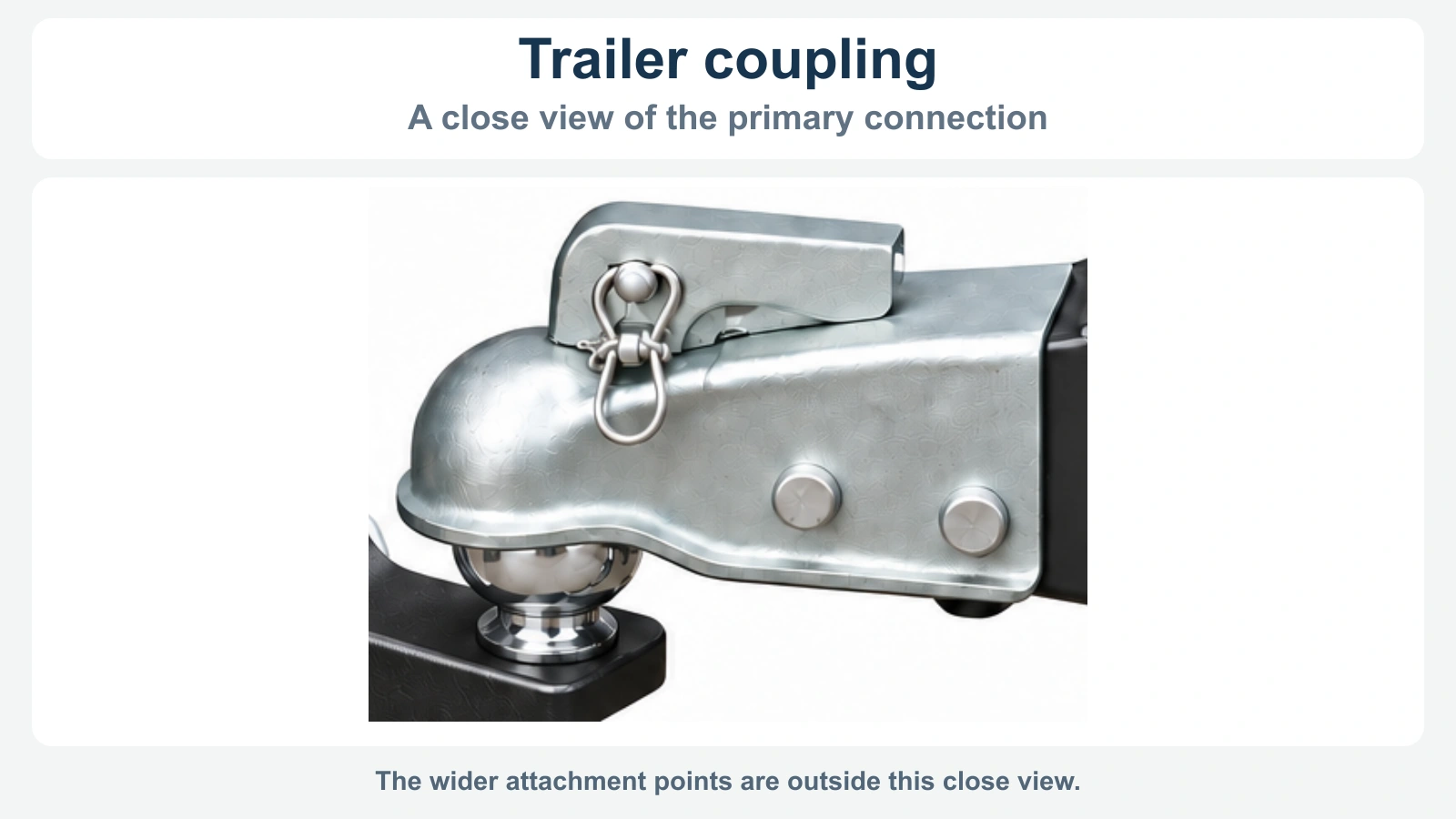 A close view shows the trailer’s closed ball coupler. The wider safety-chain connections are outside this neutral detail.