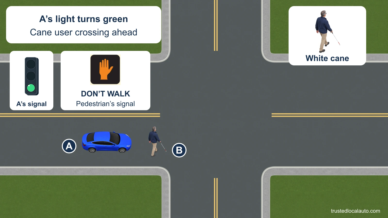 A faces a green traffic light while a person with a white cane has started crossing in front of it. Separate details show A’s green lamp, the pedestrian’s orange-hand DON’T WALK signal and the white cane.