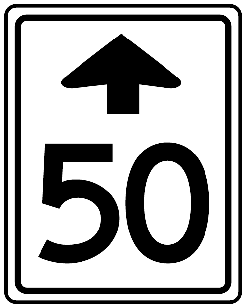 A white rectangular sign with a broad black upward arrow above the number 50 and a black border.