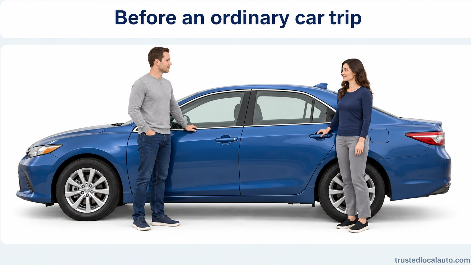 Two adults stand outside a stationary blue car beside its front and rear doors before an ordinary trip; no belt setup is demonstrated.