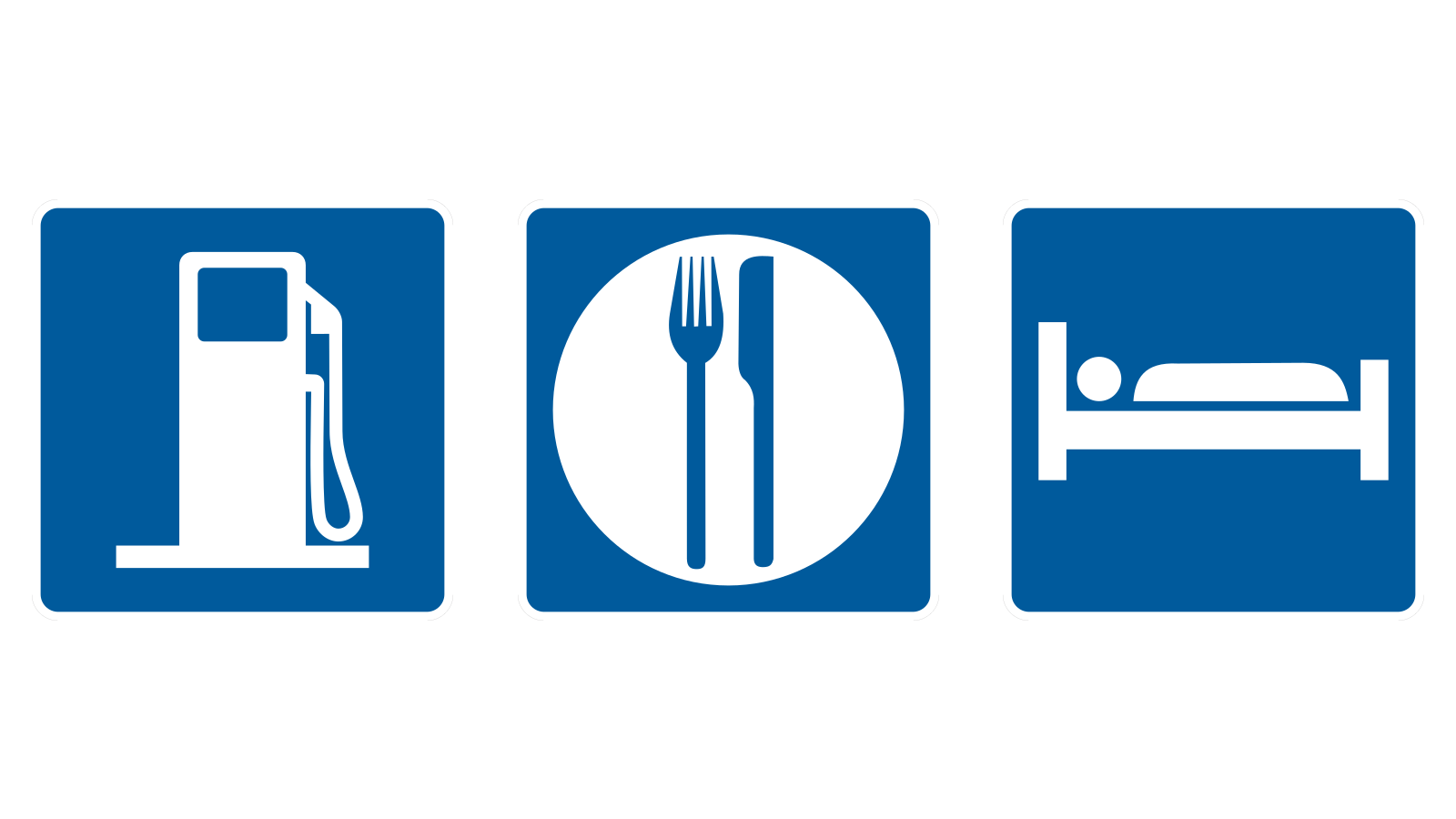 Three blue service panels show, from left to right, a white fuel pump, a fork and knife inside a white circle, and a white bed.