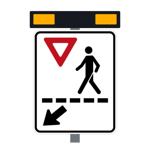 Two rectangular amber lamps above a white sign with a red yield triangle, a walking person, a dashed crossing and a down-left arrow.