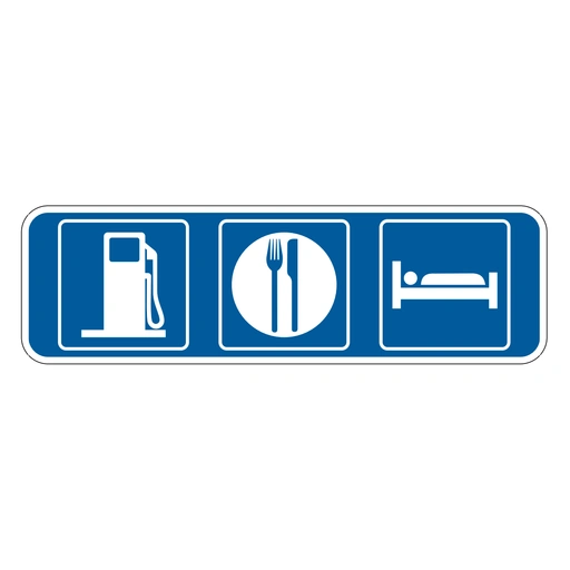 Blue horizontal sign with white fuel-pump, fork-and-knife, and bed symbols.