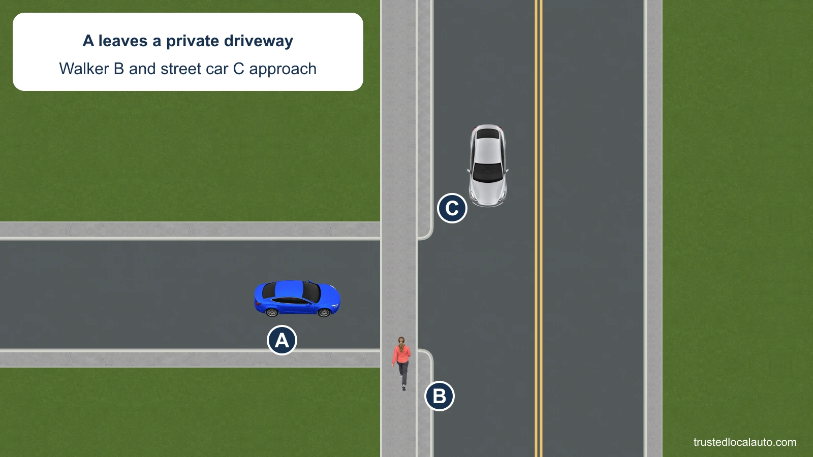 A approaches the sidewalk across a private driveway. Woman B walks toward its path and one silver car C approaches along the street.
