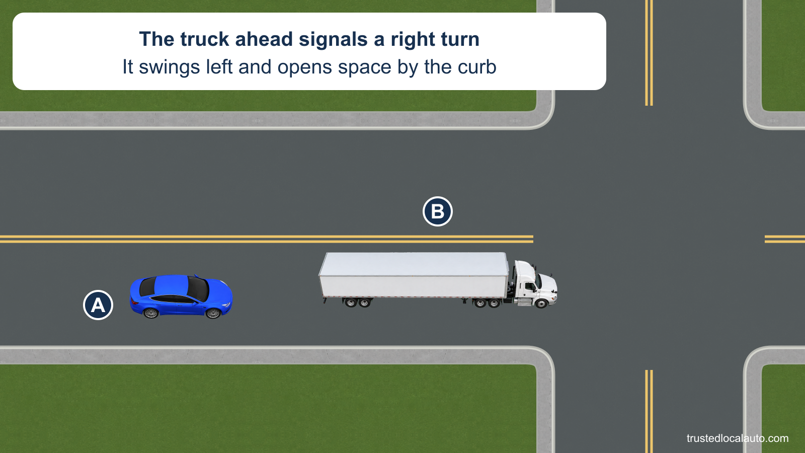 Blue A approaches behind a large truck B that has swung left before the right-hand corner. The card states that B signals right.