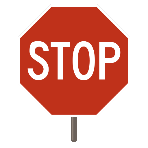 A handheld paddle has a red octagonal face with a white border and the white word STOP, above a short handle.