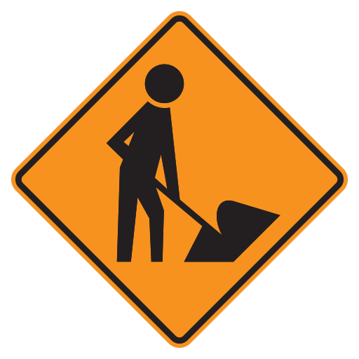 An orange diamond with a black border shows a person digging with a shovel.