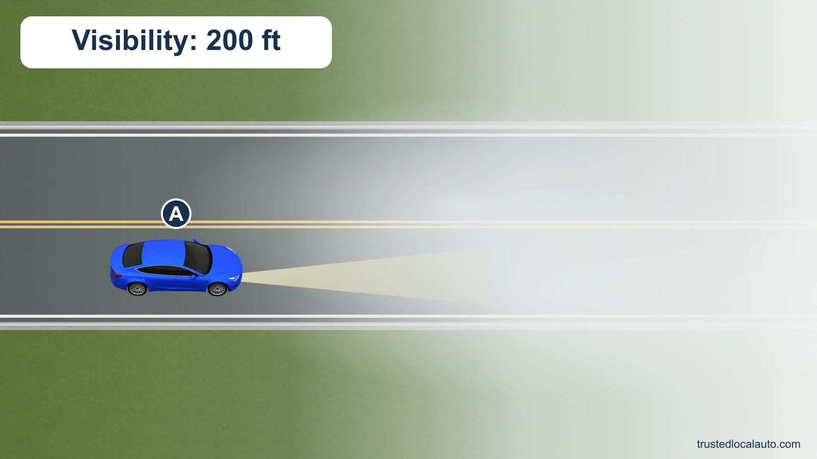 A drives with its headlights on into fog. A card states that visibility ahead is 200 feet.