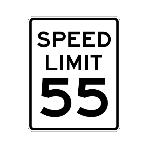 A white vertical rectangular sign has a black border and reads SPEED LIMIT above the black number 55. No vehicle, speed comparison or passing instruction is added.
