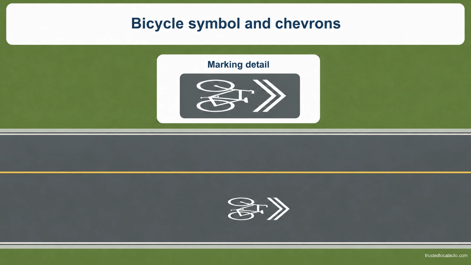 A bicycle symbol and two chevrons are painted on an empty roadway, with an enlarged marking detail. No car, cyclist or shared-lane action is pictured.