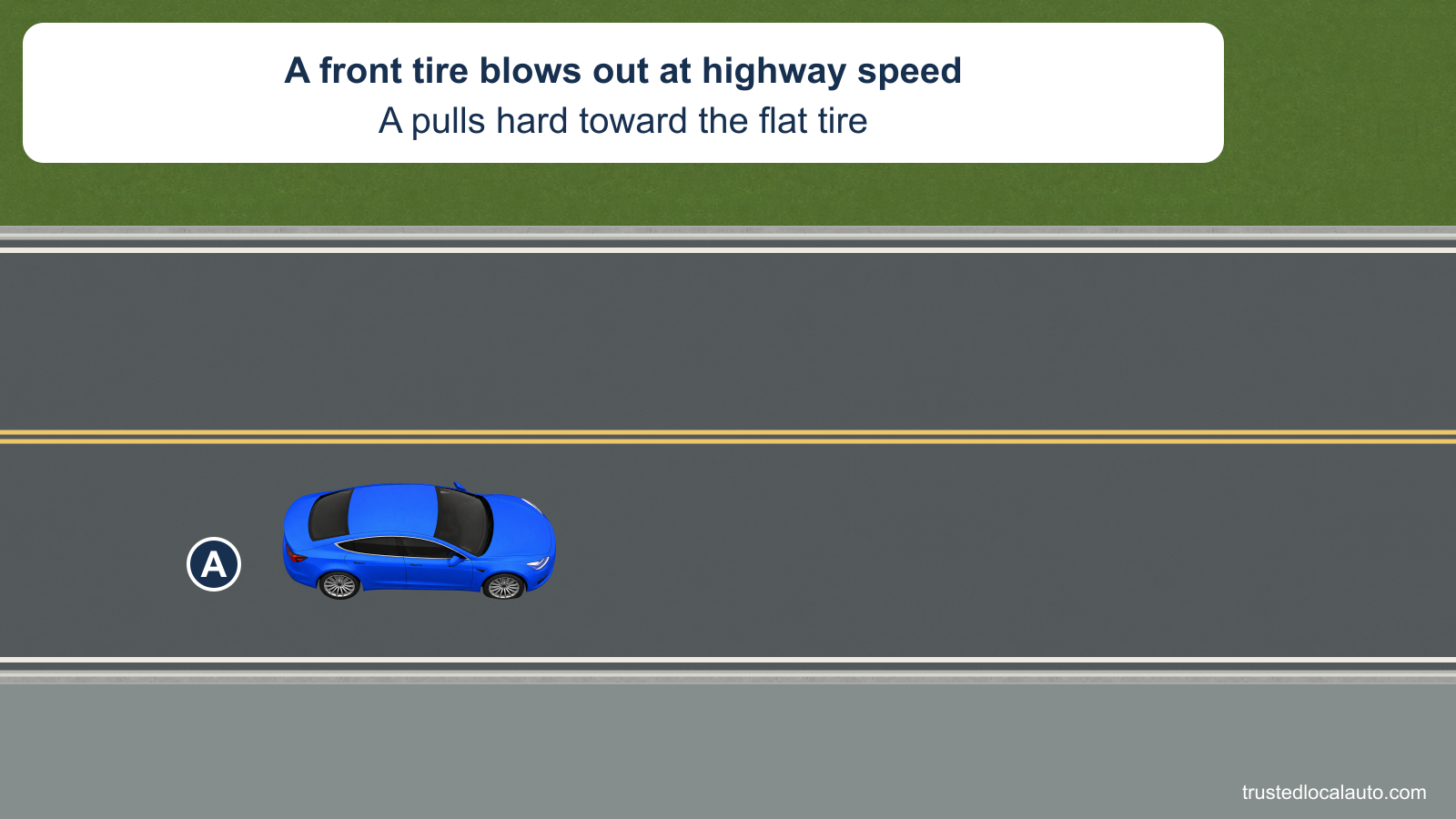 Blue A continues in its lane at highway speed as a front tire blows out and the car pulls toward the flat tire.