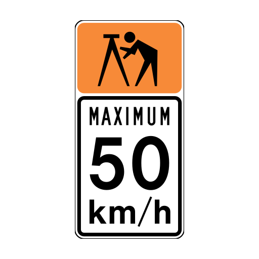 Orange surveyor panel above a white MAXIMUM 50 km/h speed panel.