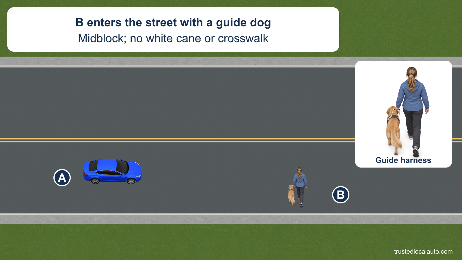 B and a dog in a guide harness step into the street midblock ahead of A. No white cane, intersection or crosswalk is drawn; a detail makes the guide harness visible.