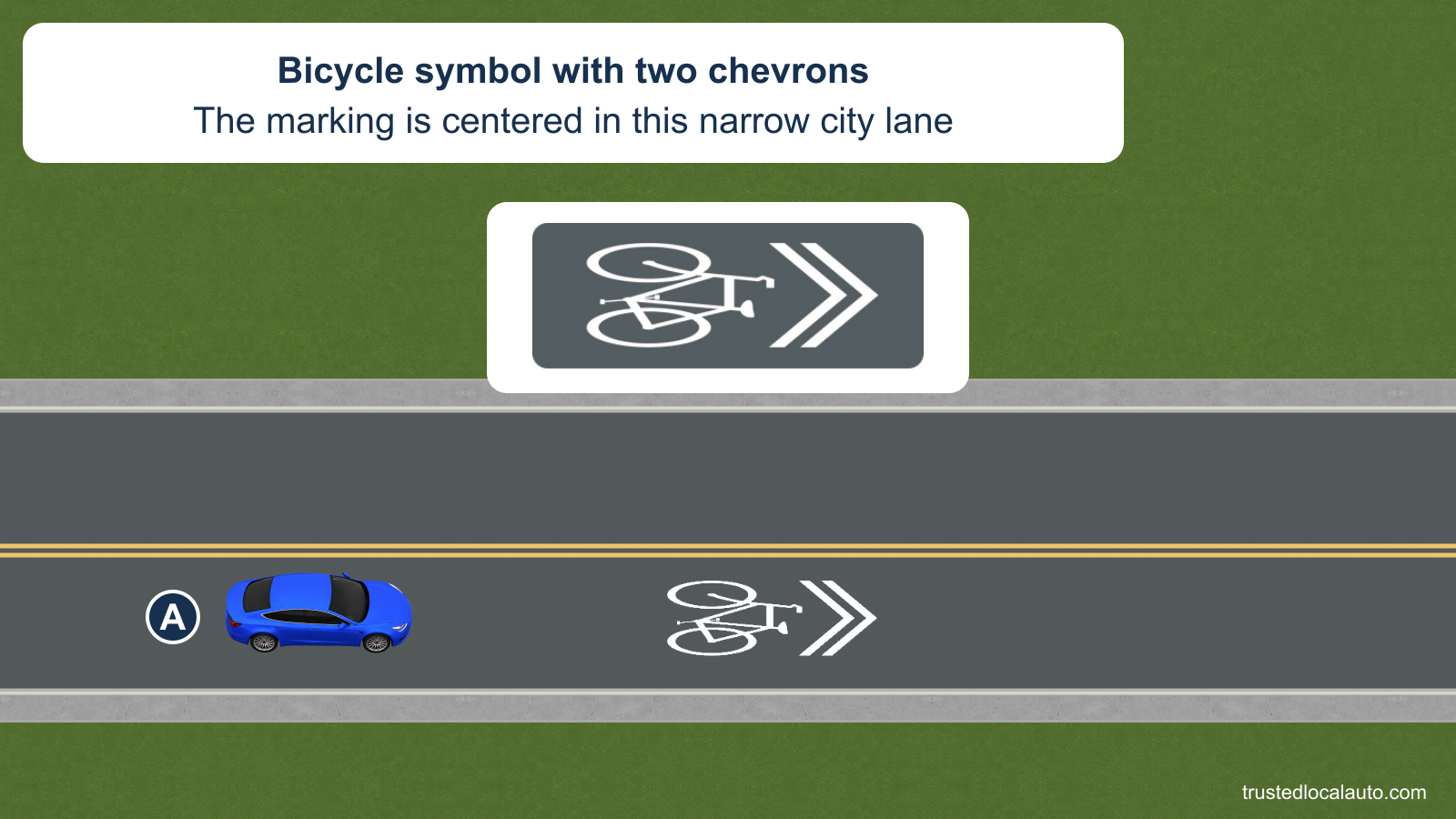A is in a narrow city travel lane between a yellow center line and the curb. A white bicycle with two chevrons is painted in the middle of the lane and shown again in an enlarged detail; no cyclist or lane-use answer is displayed.