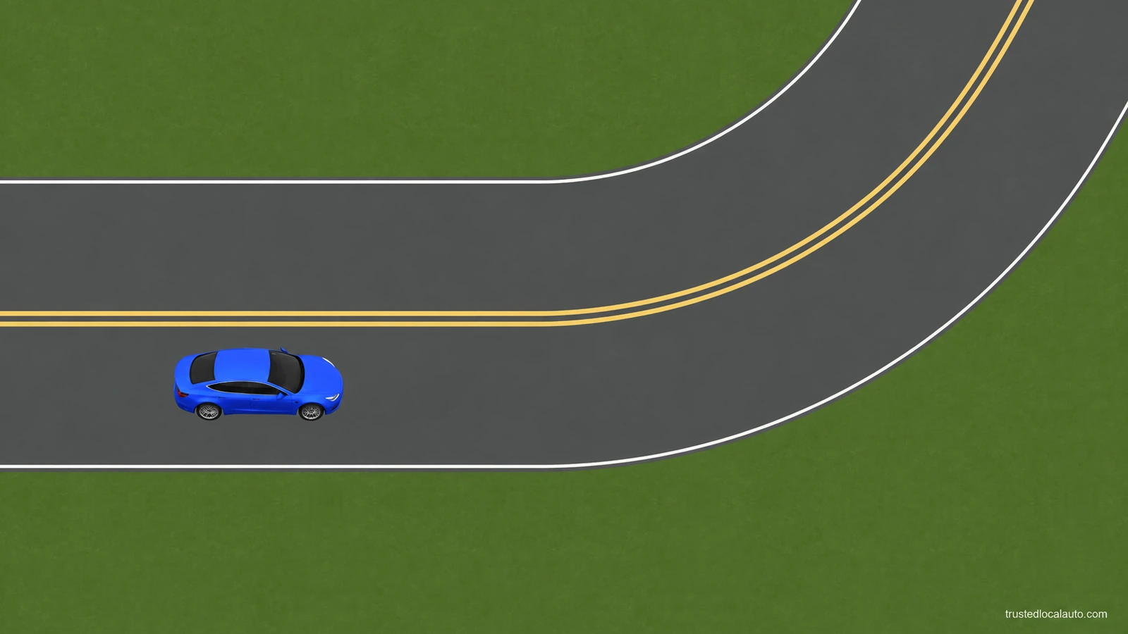 A blue learner is on the straight approach to a sharp curve. Two solid yellow lines follow the road’s center. The question has no slowing location, timing card or route.