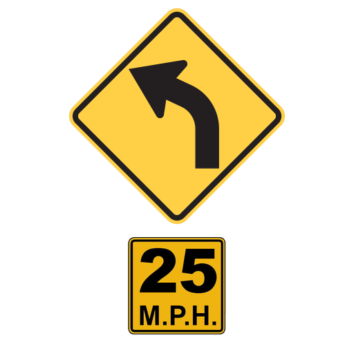 A yellow diamond shows a black arrow curving left. The square yellow plaque beneath it reads 25 M.P.H. in black.