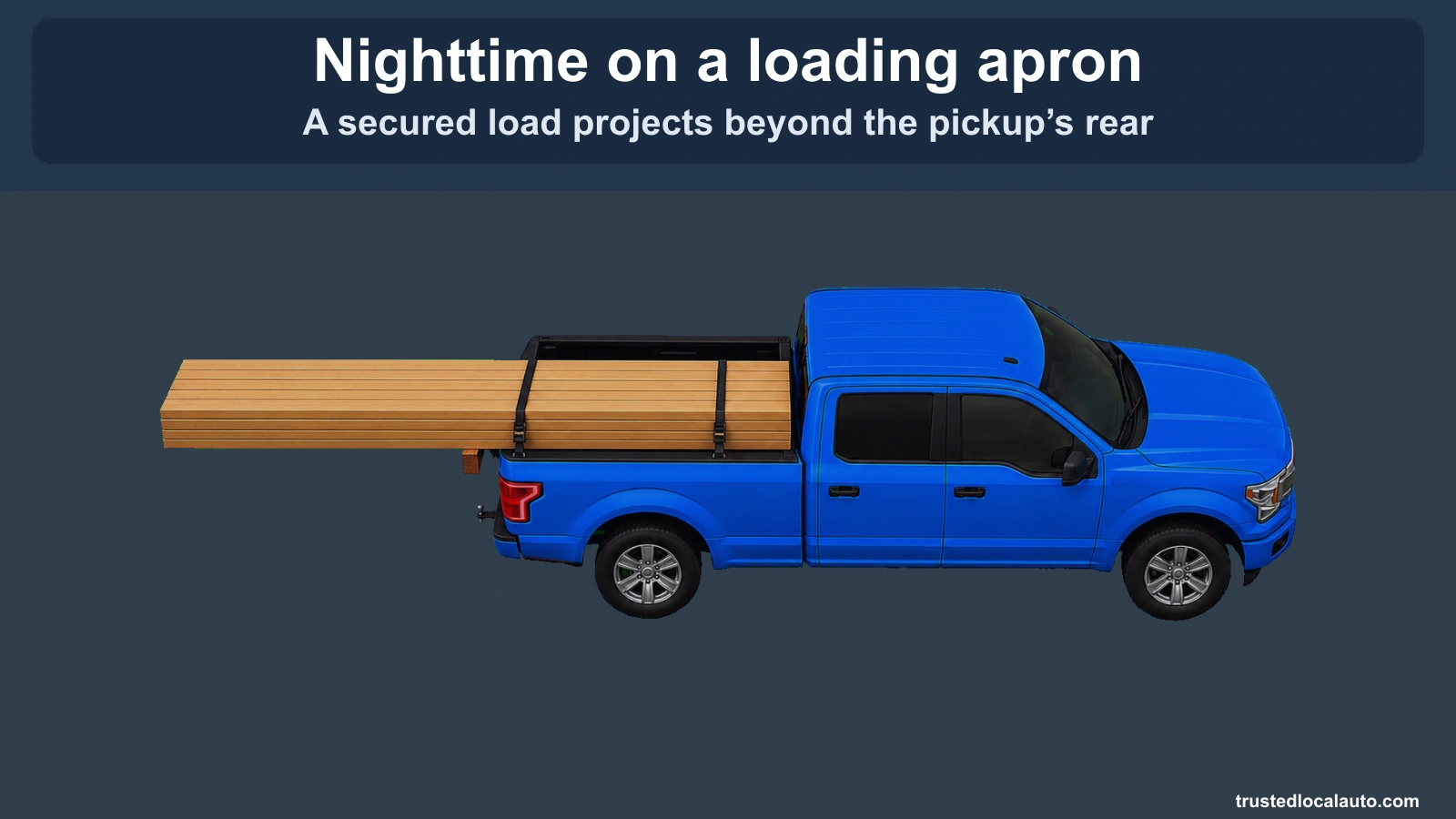Nighttime: a blue pickup is stationary on a loading apron with supported lumber held by two straps. The load projects beyond its rear bumper; no answer marker is fitted yet.