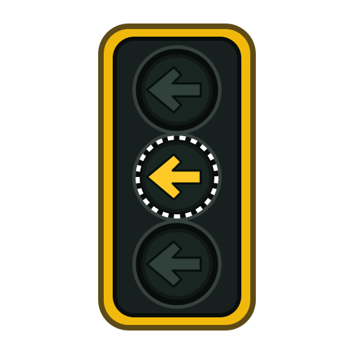 Vertical arrow signal showing one lit phase of a flashing yellow left-pointing arrow; a dashed ring indicates flashing. The red and green arrows are dark.