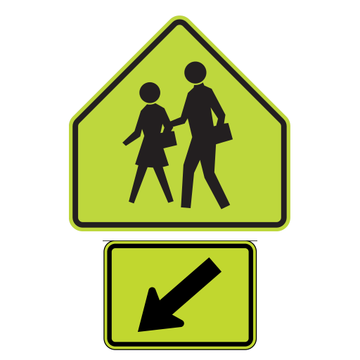 A yellow-green pentagon shows two walking schoolchildren. A separate yellow-green plaque below has a black arrow pointing down and left.