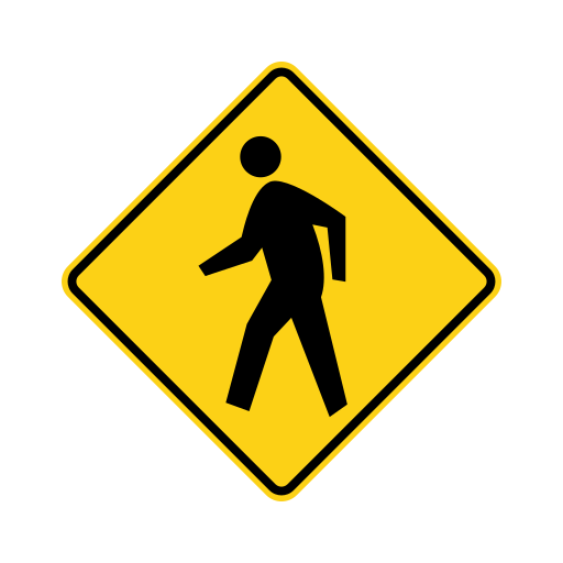 Yellow diamond warning sign with a black walking pedestrian.
