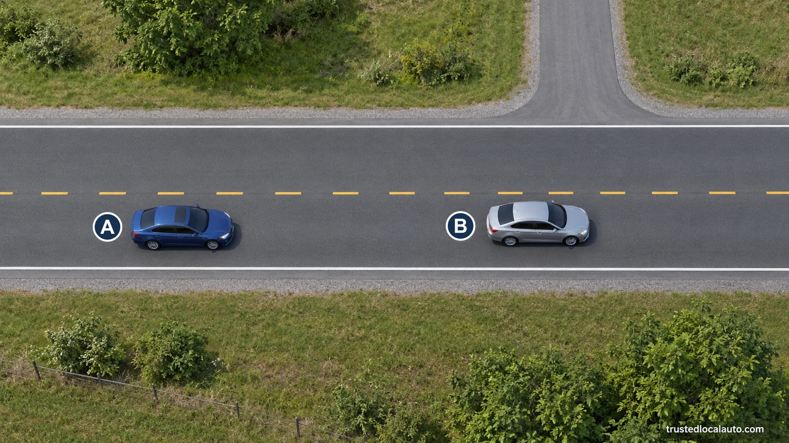 On a two-way rural road, blue car A follows silver car B near a side road. Neither vehicle has a selected turn or passing path.
