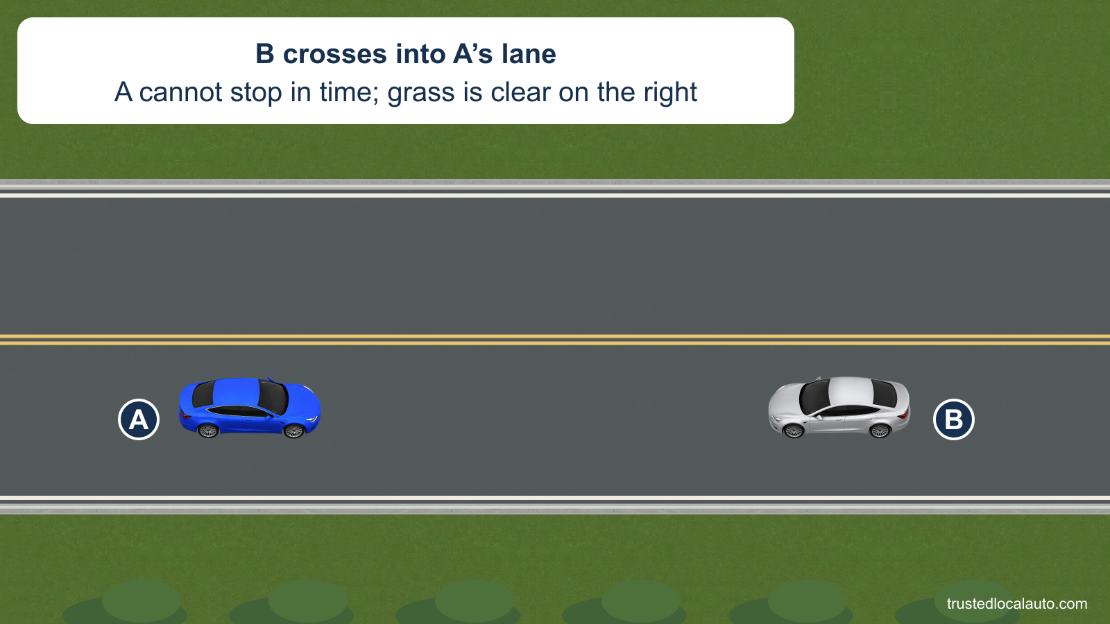 B approaches head-on in A’s lane on a two-lane road. A clear grass shoulder lies on A’s right with low bushes beyond it.