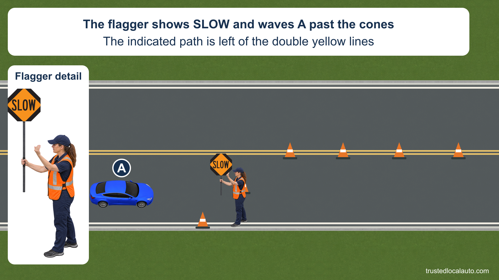 A approaches a one-lane work zone. Cones close its normal lane, and the flagger faces A with a SLOW paddle and a beckoning hand. A larger detail shows the same unchanged worker and gesture. The card states the direction indicated by the flagger.