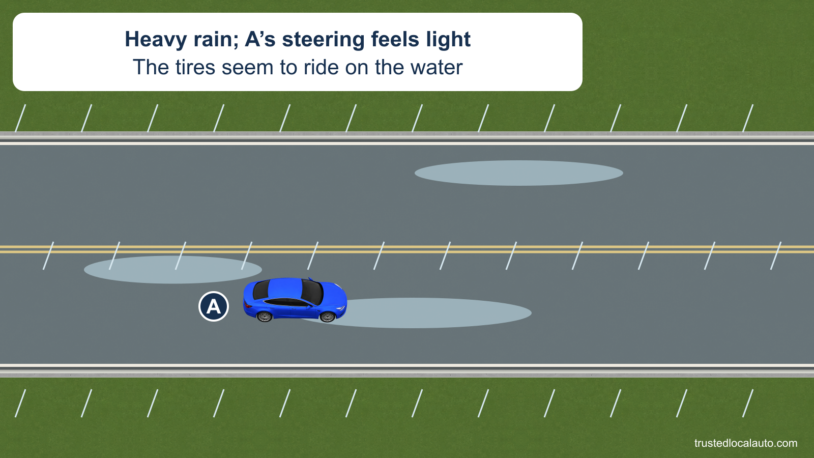 A travels through standing water on a two-lane highway in heavy rain. Its caption says the steering feels light and the tires seem to ride on the water. The question has no route or recovery instruction.