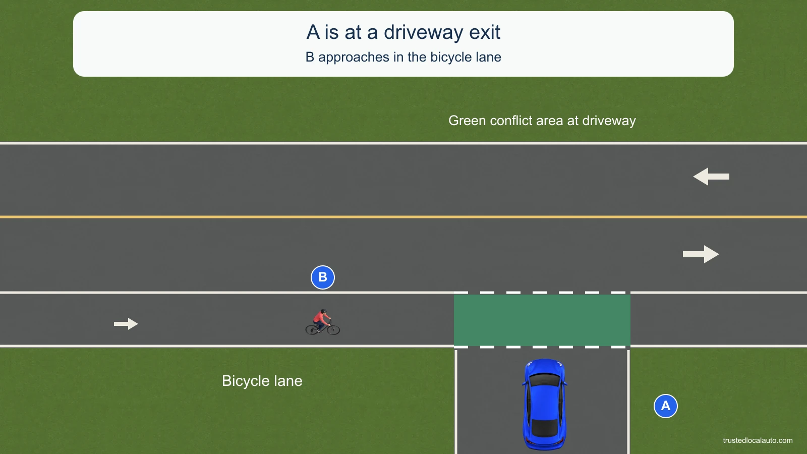 Blue car A faces the road from a driveway, behind a bicycle lane. Cyclist B approaches from the left in that lane. Green pavement and broken white borders mark the bicycle path across the driveway opening. The road has opposing traffic directions.