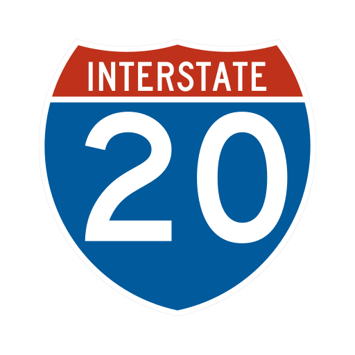 A red, white and blue shield contains the white word INTERSTATE above the white route number 20.