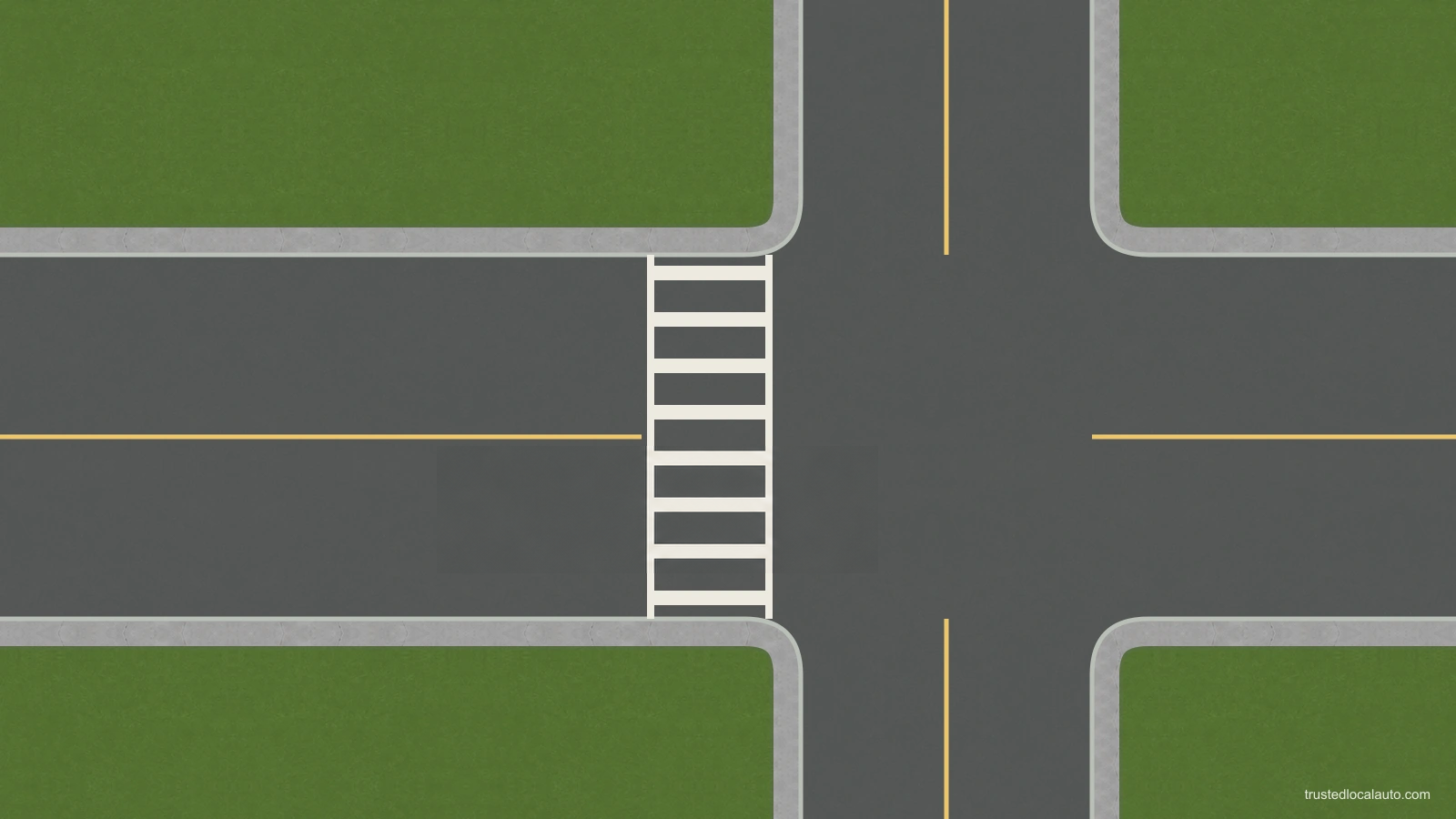 An empty intersection has concrete sidewalks and a marked crosswalk. No vehicle or parking location is selected.