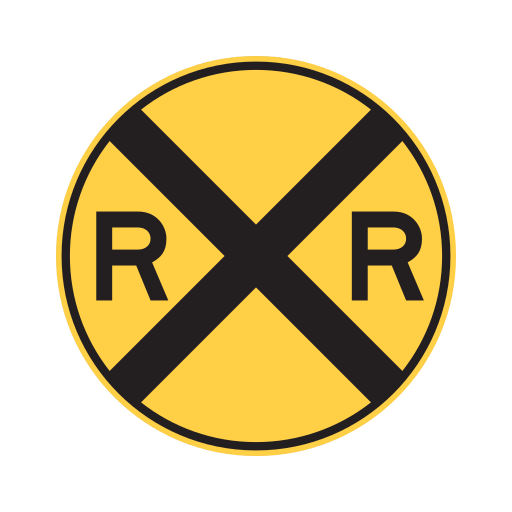 Yellow circular sign with a black X and a black letter R on each side.