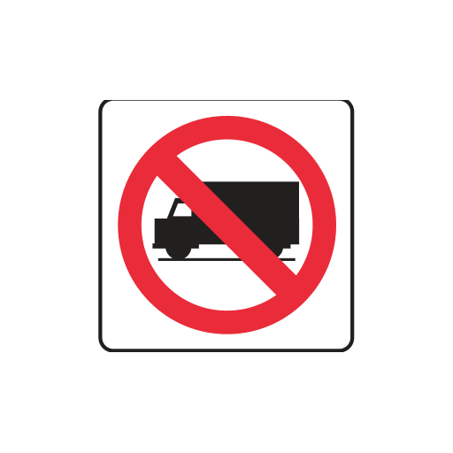 A truck silhouette within a red circle and diagonal slash, on white.