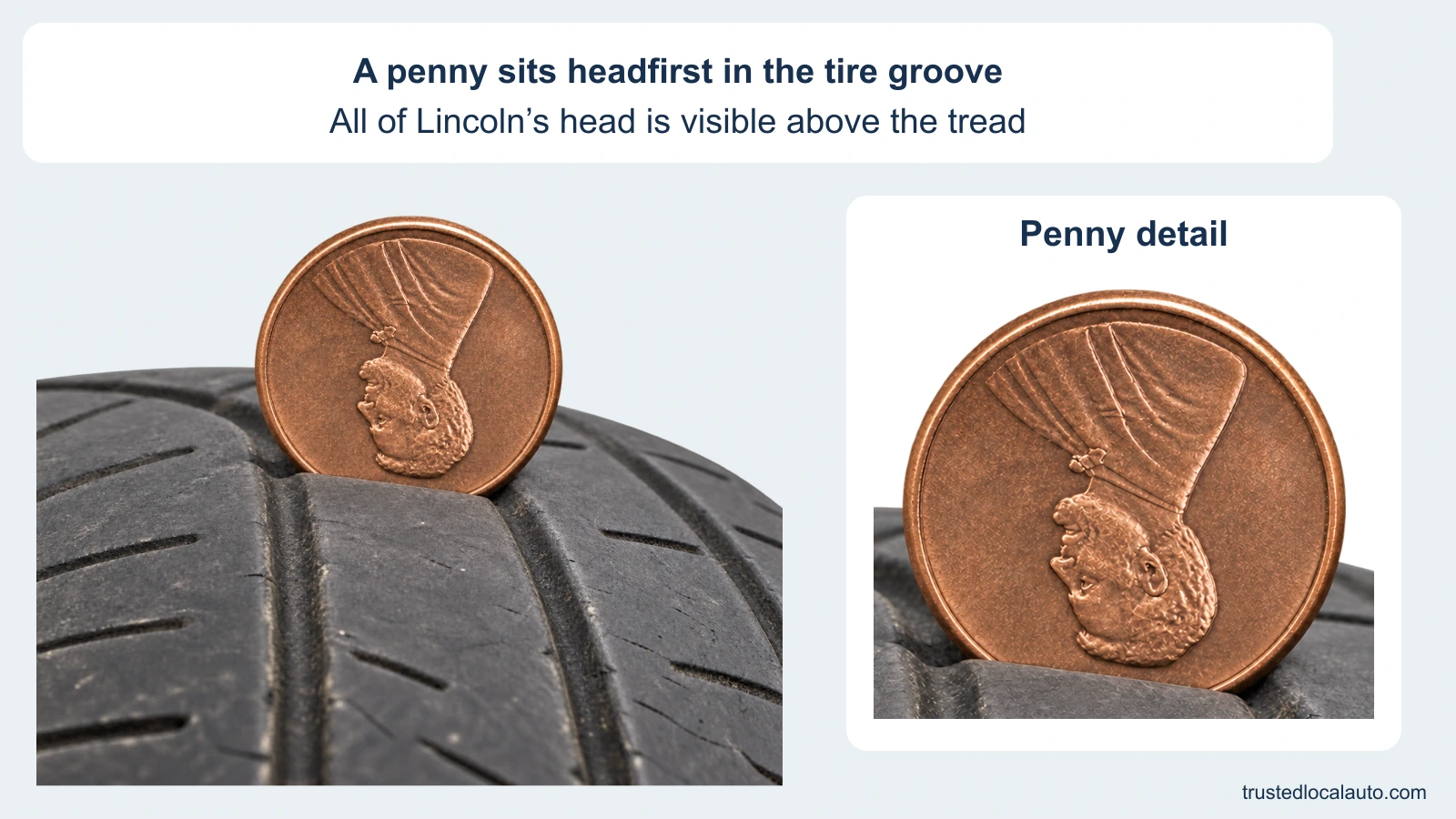 A penny is inserted headfirst into a front tire groove. All of Lincoln’s head is visible, including in an enlarged detail. The question names no wear conclusion or replacement instruction.