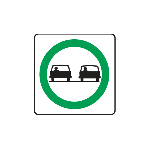 Two cars within a green circle, on a white sign.