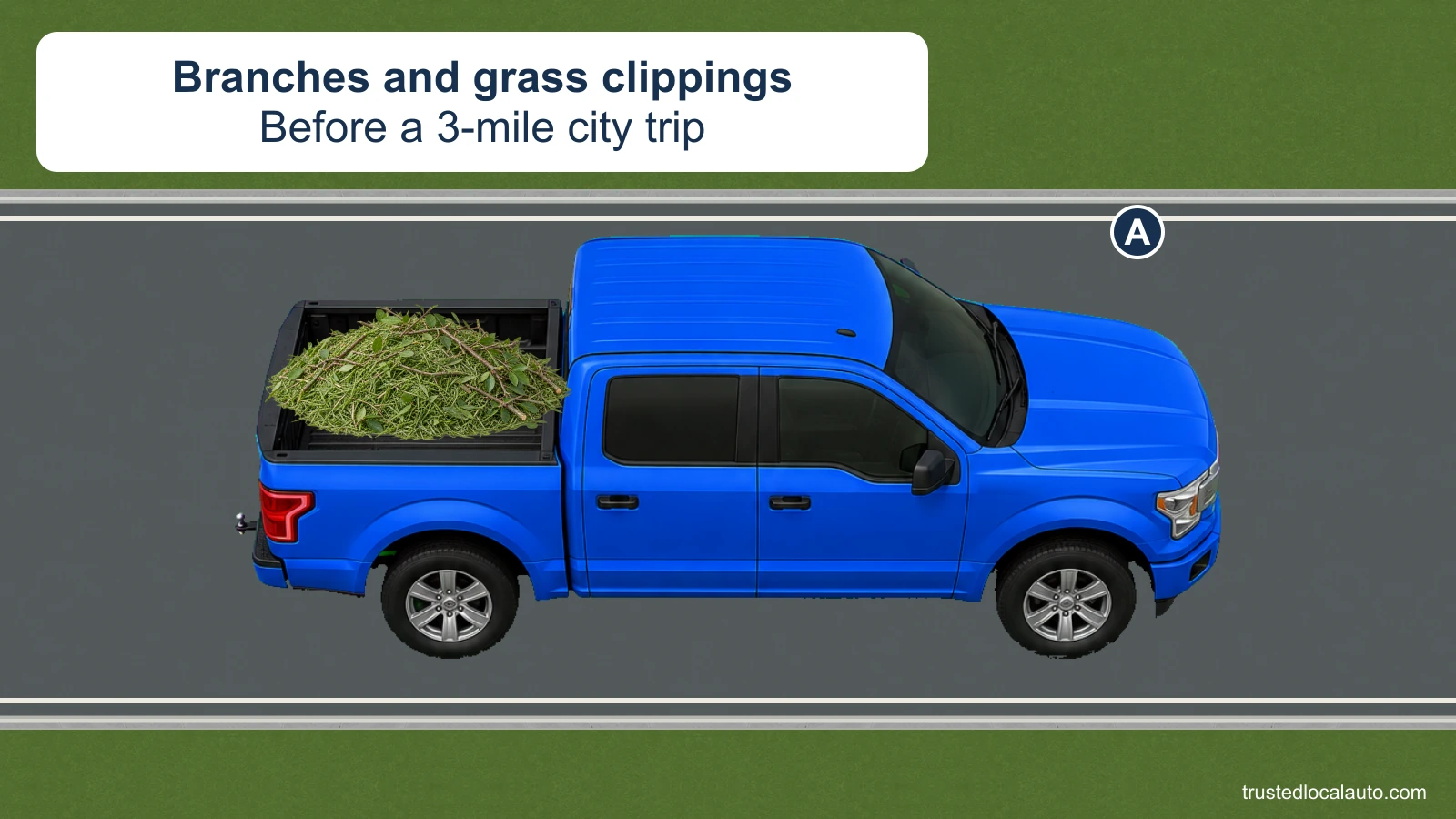 Blue pickup A stands before a trip with an open bed holding loose green grass clippings and thin branches. No rope, net, tarp, speed instruction or selected containment method appears.