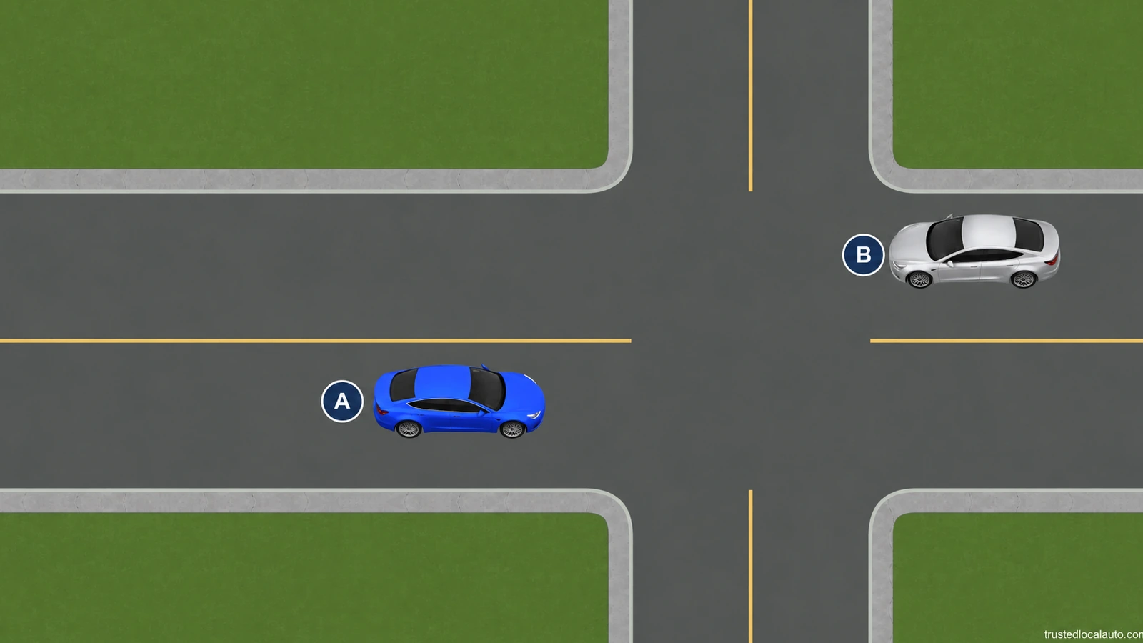 A approaches an intersection facing right. Silver B approaches from the opposite direction. Neither car has a halo or a turn route in the question view.