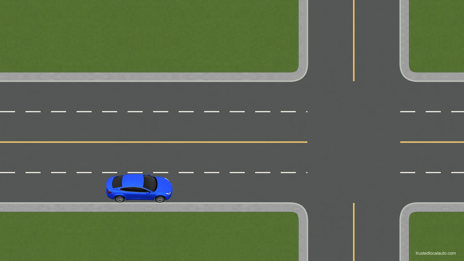 A approaches a junction from the right-hand lane of a two-way road. The lane beside the center marking is visible to its left.