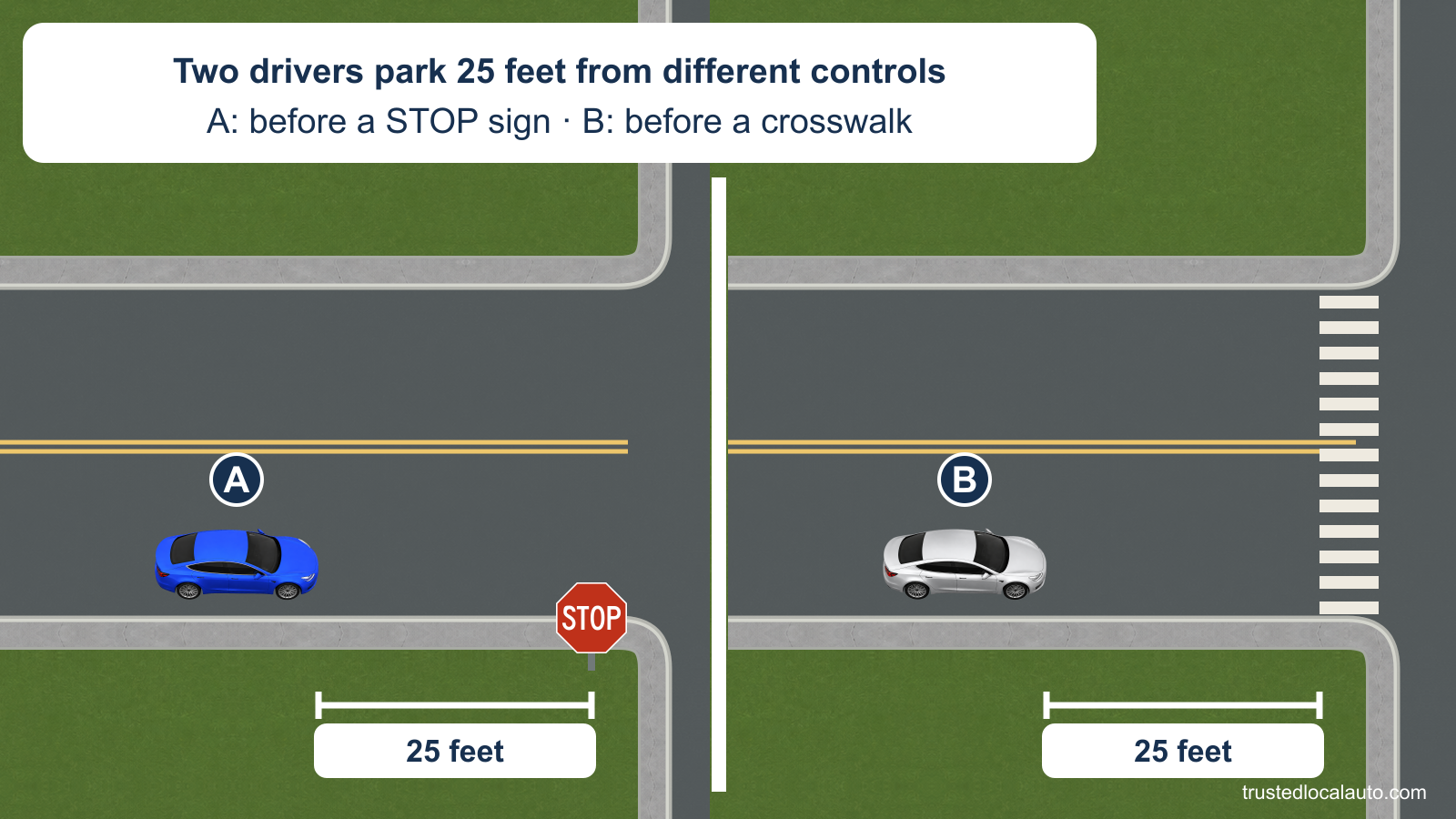 Two separate panels show A parked 25 feet before a STOP sign and B parked 25 feet before a marked crosswalk. Both given distances use the same scale; no legality is marked.