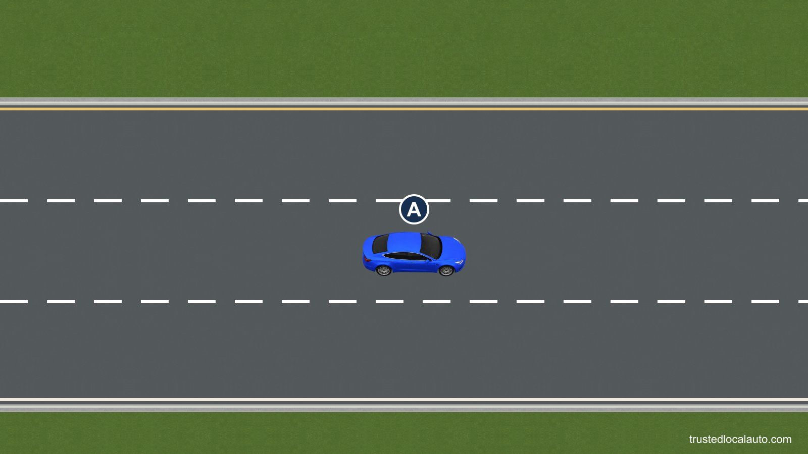 A travels in the center lane of a three-lane roadway. The adjoining lanes are visible beside the car.