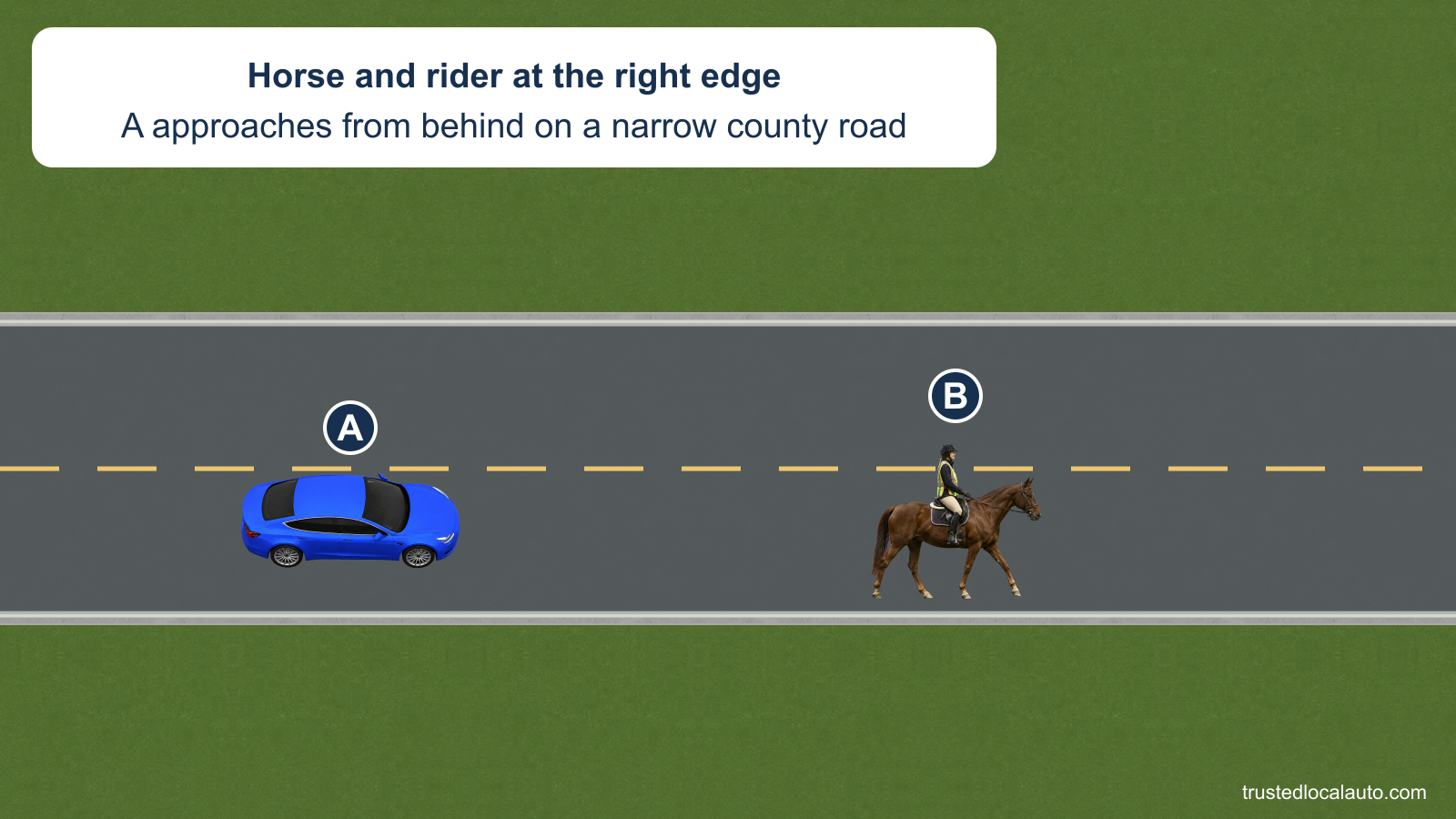 A approaches from behind a horse and rider B traveling along the right edge of a narrow two-way county road. No other vehicle is shown.