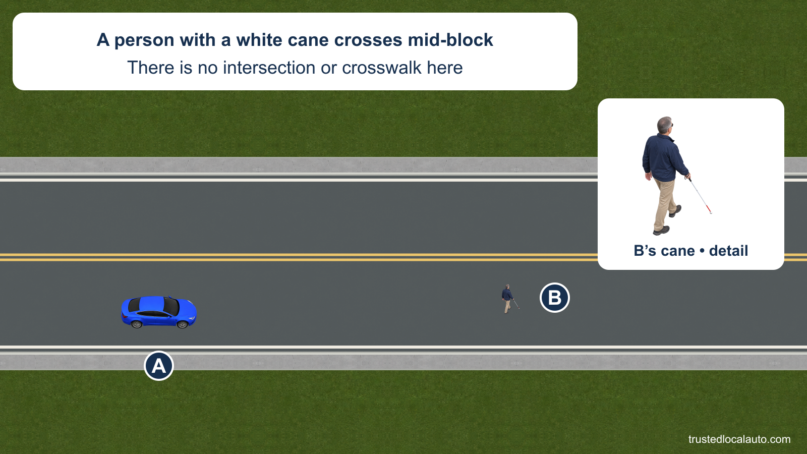 A approaches a person carrying a white cane in the middle of a city block. No crosswalk or intersection is present; a detail makes the cane visible.