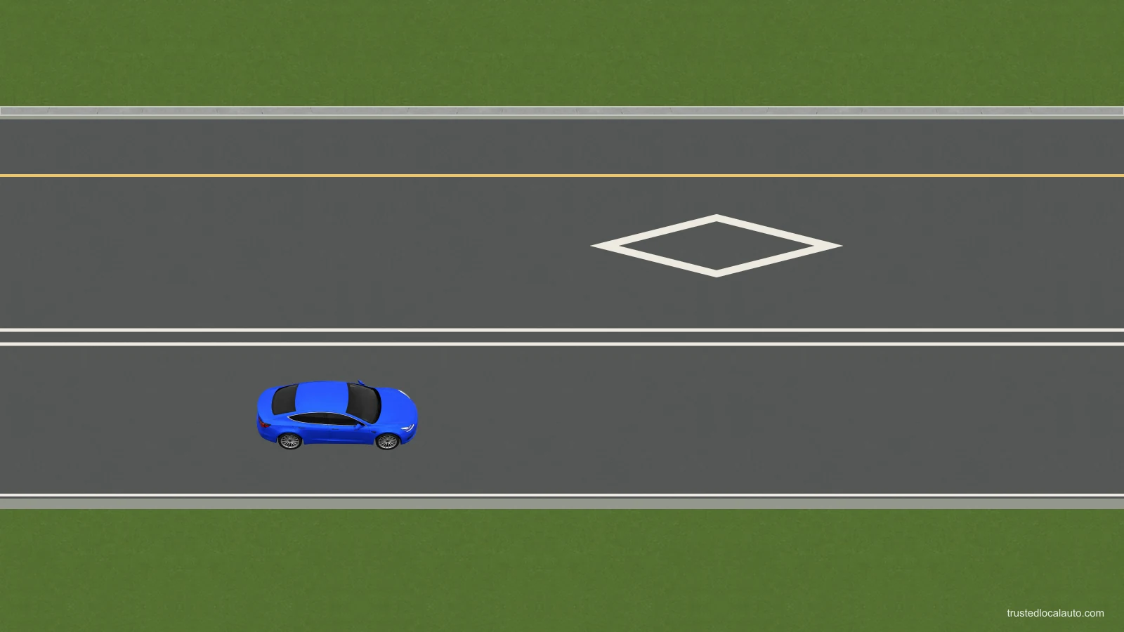 An elongated white diamond is painted in one lane beside two parallel solid white lines. A blue car is in the adjacent lane.