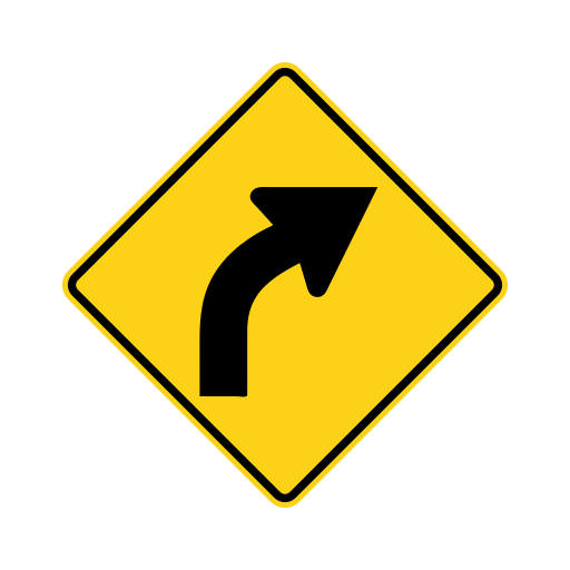 Yellow diamond warning sign with a black arrow curving right.