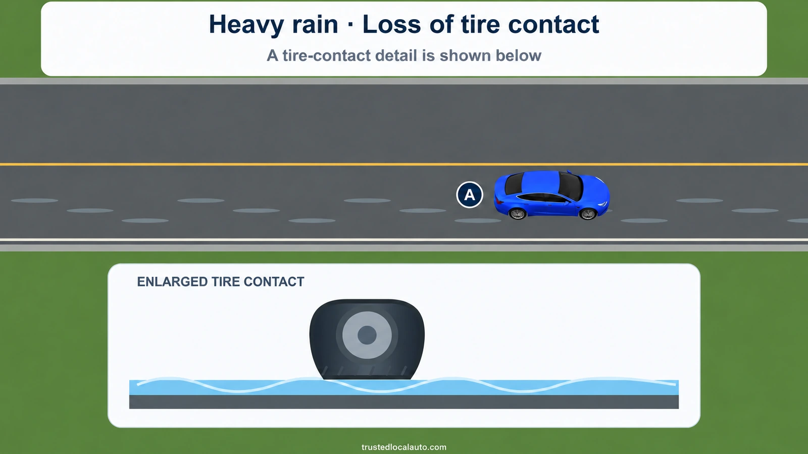 A travels in heavy rain. An enlarged tire-contact diagram shows water beneath the tire, and the question card identifies loss of tire contact without giving a recovery action.