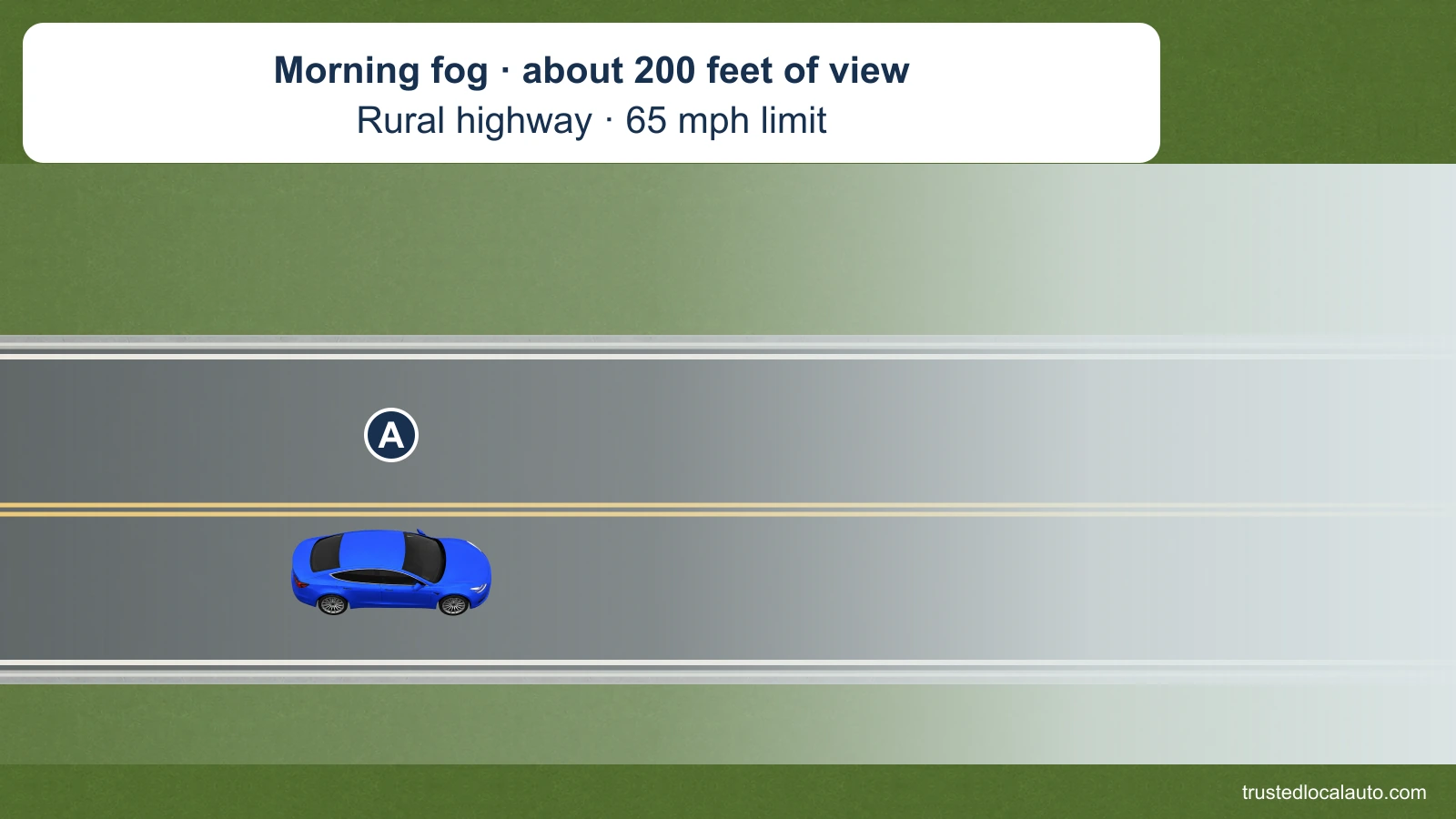 Blue A faces right on a rural two-way highway. Morning fog grows denser along the road ahead. The card states about 200 feet of visibility and a 65 mph speed limit.